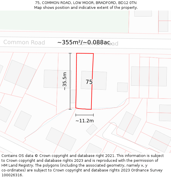 75, COMMON ROAD, LOW MOOR, BRADFORD, BD12 0TN: Plot and title map