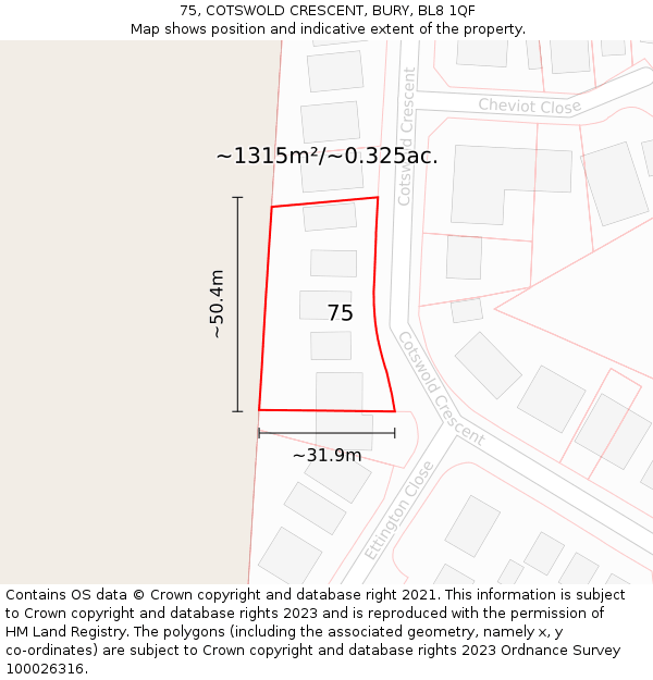 75, COTSWOLD CRESCENT, BURY, BL8 1QF: Plot and title map