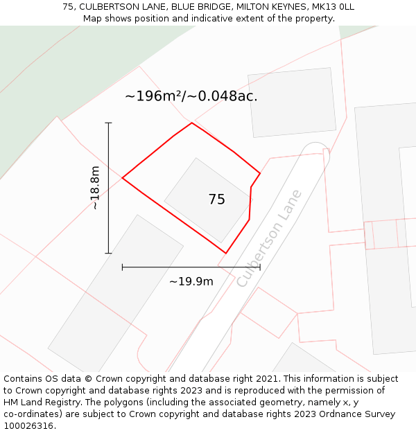 75, CULBERTSON LANE, BLUE BRIDGE, MILTON KEYNES, MK13 0LL: Plot and title map