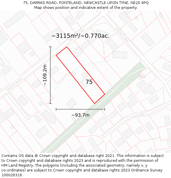 75, DARRAS ROAD, PONTELAND, NEWCASTLE UPON TYNE, NE20 9PQ: Plot and title map