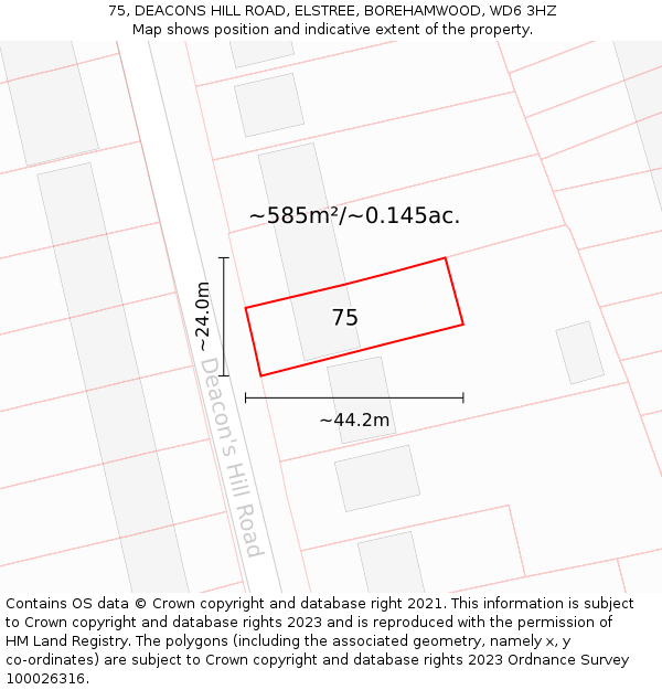 75, DEACONS HILL ROAD, ELSTREE, BOREHAMWOOD, WD6 3HZ: Plot and title map