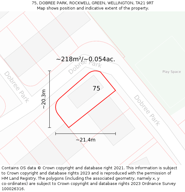 75, DOBREE PARK, ROCKWELL GREEN, WELLINGTON, TA21 9RT: Plot and title map