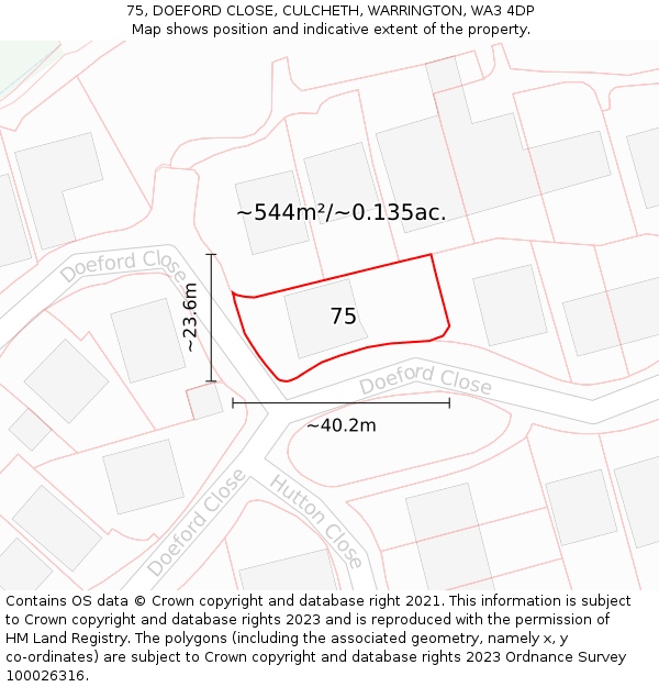 75, DOEFORD CLOSE, CULCHETH, WARRINGTON, WA3 4DP: Plot and title map