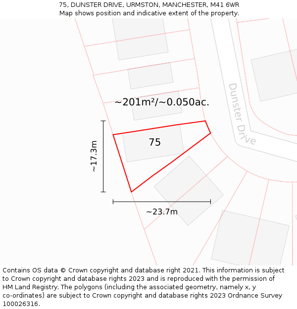 75, DUNSTER DRIVE, URMSTON, MANCHESTER, M41 6WR: Plot and title map