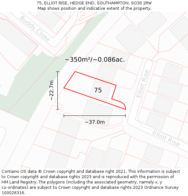 75, ELLIOT RISE, HEDGE END, SOUTHAMPTON, SO30 2RW: Plot and title map