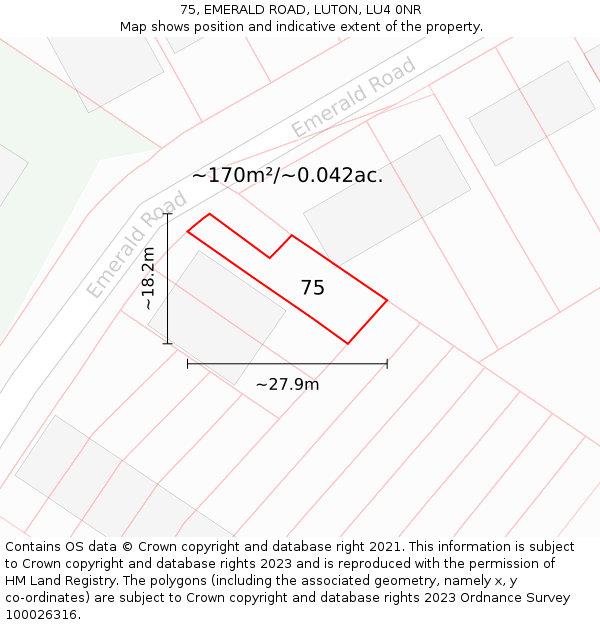 75, EMERALD ROAD, LUTON, LU4 0NR: Plot and title map