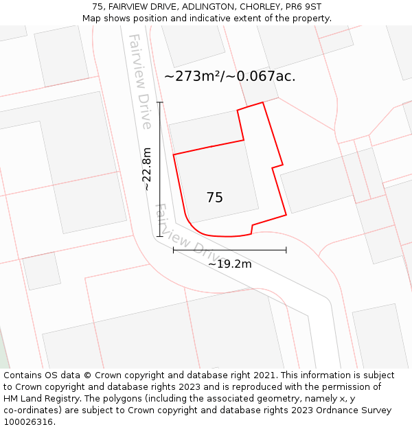 75, FAIRVIEW DRIVE, ADLINGTON, CHORLEY, PR6 9ST: Plot and title map