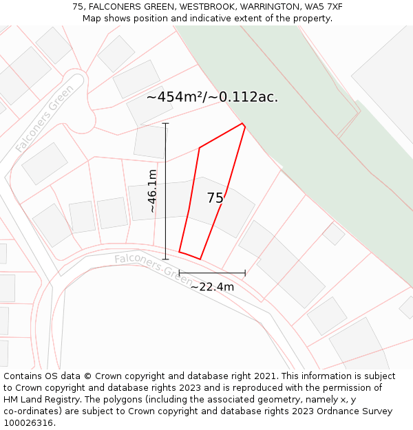 75, FALCONERS GREEN, WESTBROOK, WARRINGTON, WA5 7XF: Plot and title map