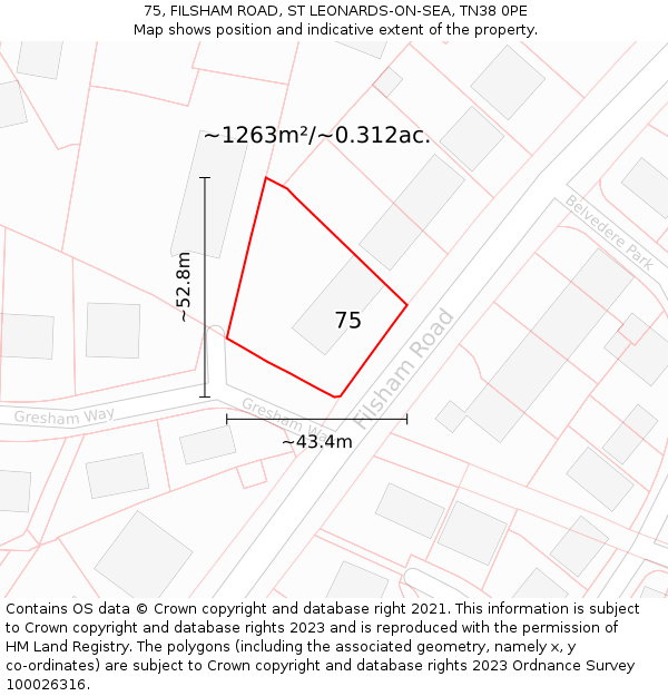 75, FILSHAM ROAD, ST LEONARDS-ON-SEA, TN38 0PE: Plot and title map