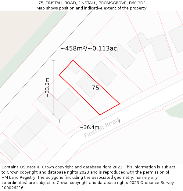 75, FINSTALL ROAD, FINSTALL, BROMSGROVE, B60 3DF: Plot and title map