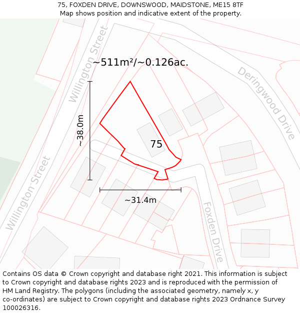 75, FOXDEN DRIVE, DOWNSWOOD, MAIDSTONE, ME15 8TF: Plot and title map