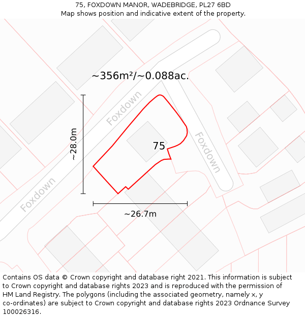 75, FOXDOWN MANOR, WADEBRIDGE, PL27 6BD: Plot and title map