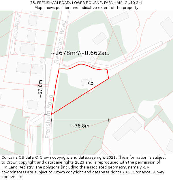 75, FRENSHAM ROAD, LOWER BOURNE, FARNHAM, GU10 3HL: Plot and title map