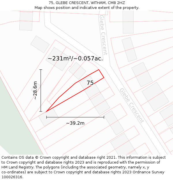 75, GLEBE CRESCENT, WITHAM, CM8 2HZ: Plot and title map