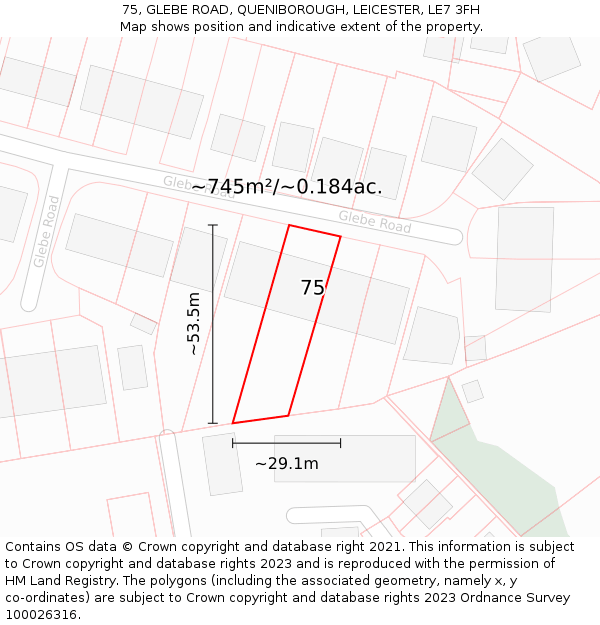 75, GLEBE ROAD, QUENIBOROUGH, LEICESTER, LE7 3FH: Plot and title map