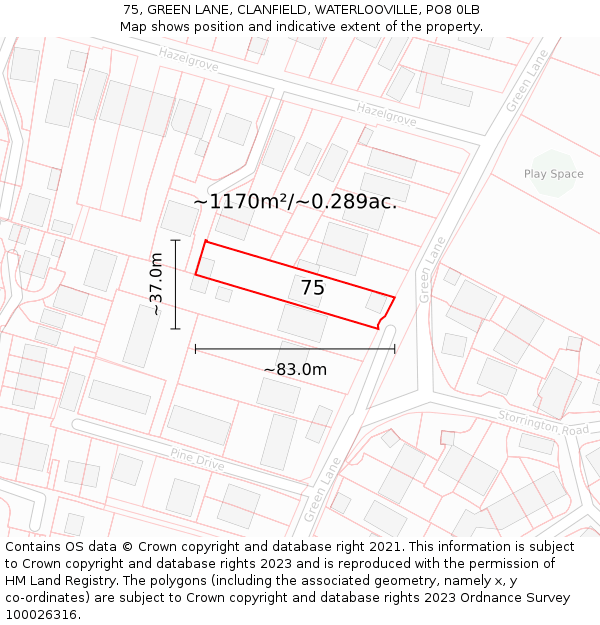 75, GREEN LANE, CLANFIELD, WATERLOOVILLE, PO8 0LB: Plot and title map