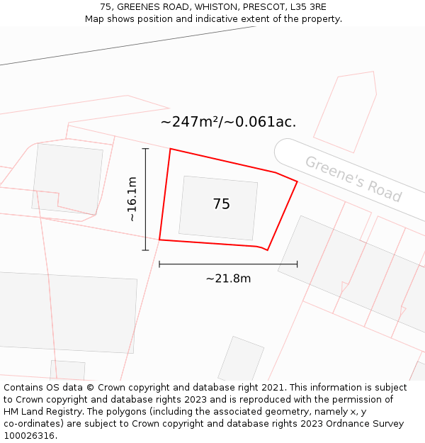 75, GREENES ROAD, WHISTON, PRESCOT, L35 3RE: Plot and title map