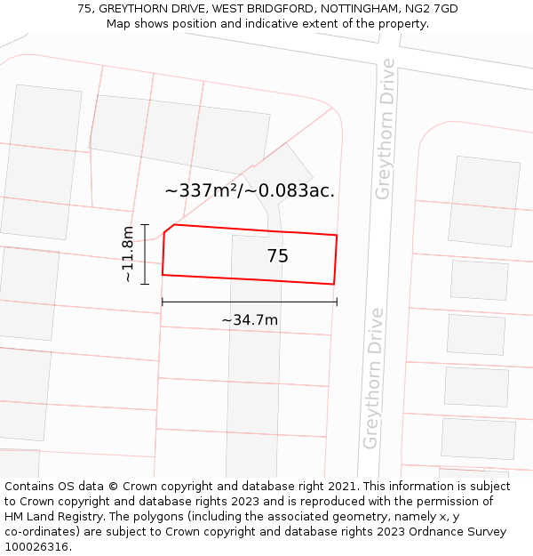 75, GREYTHORN DRIVE, WEST BRIDGFORD, NOTTINGHAM, NG2 7GD: Plot and title map