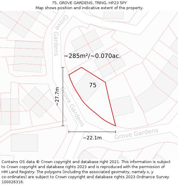 75, GROVE GARDENS, TRING, HP23 5PY: Plot and title map