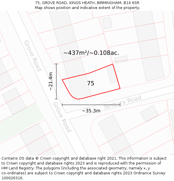 75, GROVE ROAD, KINGS HEATH, BIRMINGHAM, B14 6SR: Plot and title map