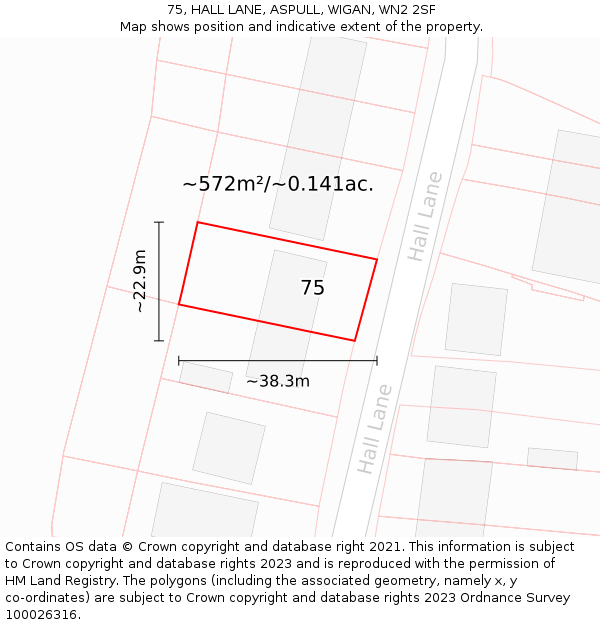 75, HALL LANE, ASPULL, WIGAN, WN2 2SF: Plot and title map