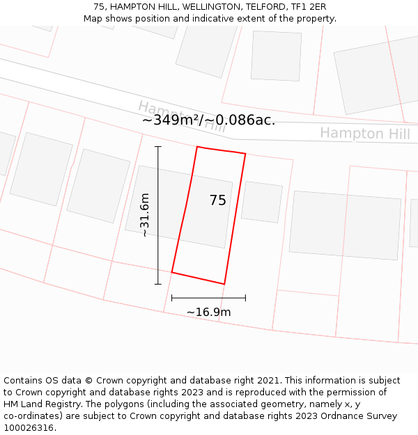 75, HAMPTON HILL, WELLINGTON, TELFORD, TF1 2ER: Plot and title map