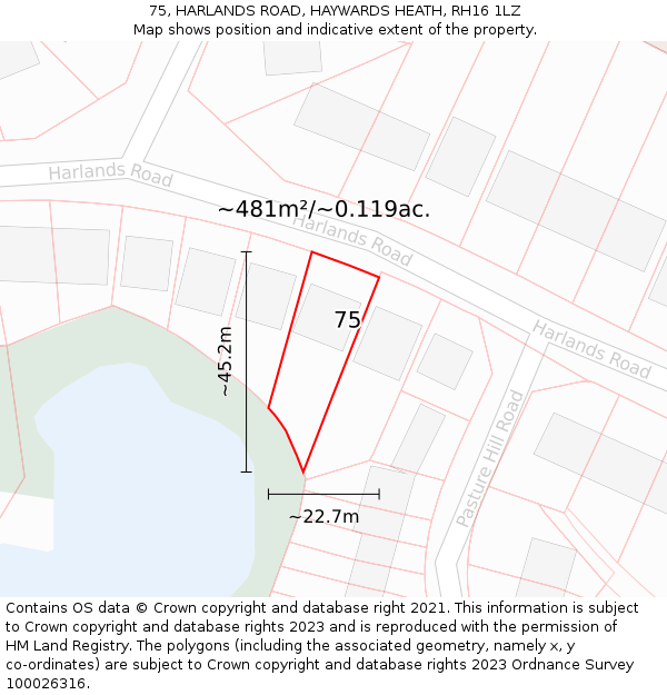 75, HARLANDS ROAD, HAYWARDS HEATH, RH16 1LZ: Plot and title map