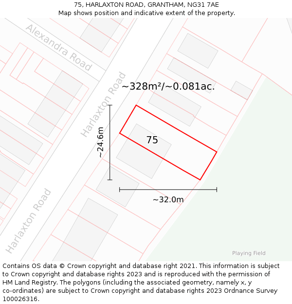 75, HARLAXTON ROAD, GRANTHAM, NG31 7AE: Plot and title map