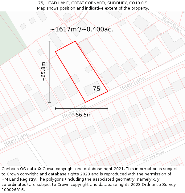 75, HEAD LANE, GREAT CORNARD, SUDBURY, CO10 0JS: Plot and title map