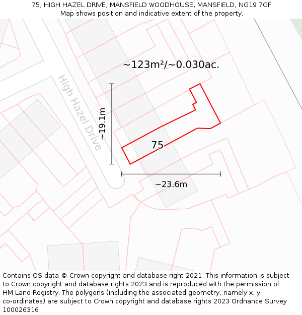 75, HIGH HAZEL DRIVE, MANSFIELD WOODHOUSE, MANSFIELD, NG19 7GF: Plot and title map