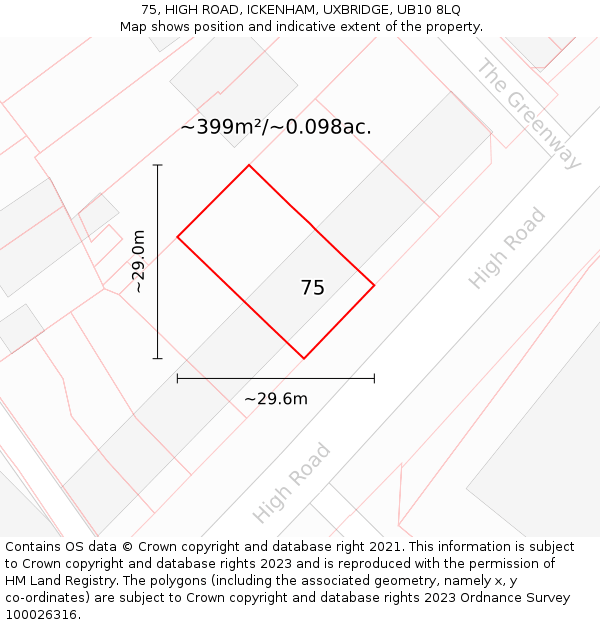 75, HIGH ROAD, ICKENHAM, UXBRIDGE, UB10 8LQ: Plot and title map