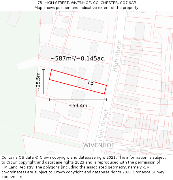 75, HIGH STREET, WIVENHOE, COLCHESTER, CO7 9AB: Plot and title map