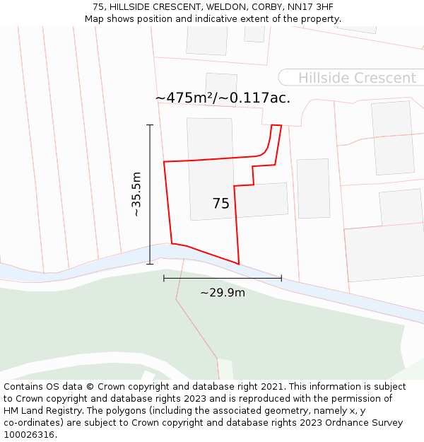 75, HILLSIDE CRESCENT, WELDON, CORBY, NN17 3HF: Plot and title map