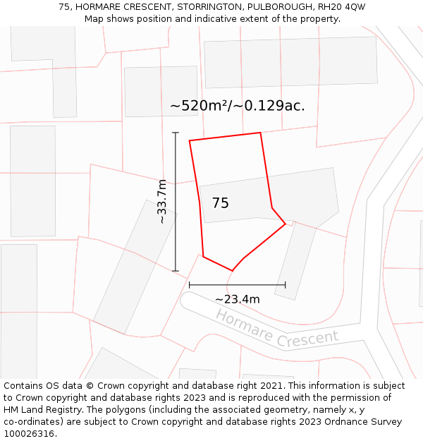 75, HORMARE CRESCENT, STORRINGTON, PULBOROUGH, RH20 4QW: Plot and title map