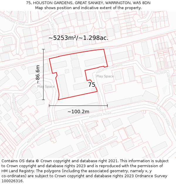 75, HOUSTON GARDENS, GREAT SANKEY, WARRINGTON, WA5 8DN: Plot and title map