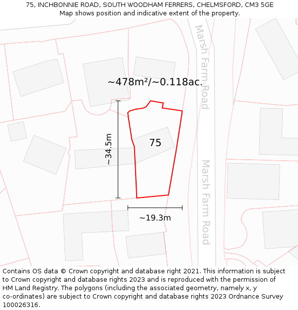 75, INCHBONNIE ROAD, SOUTH WOODHAM FERRERS, CHELMSFORD, CM3 5GE: Plot and title map