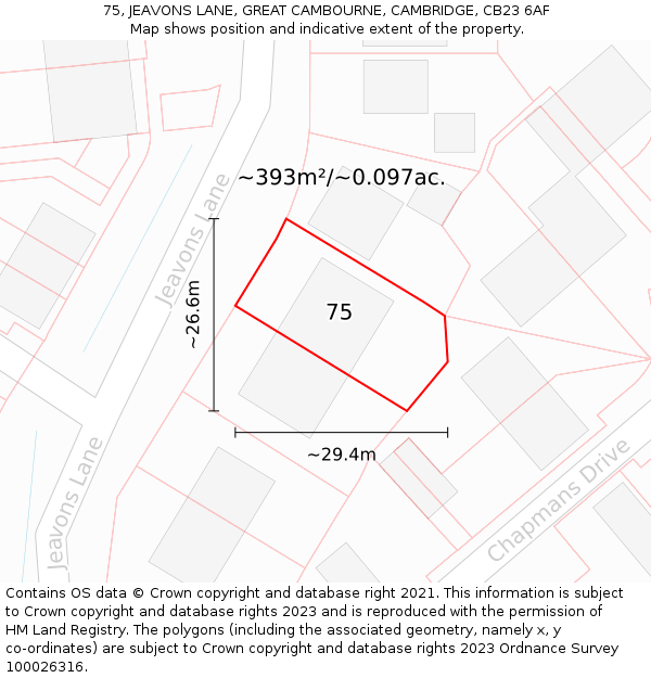 75, JEAVONS LANE, GREAT CAMBOURNE, CAMBRIDGE, CB23 6AF: Plot and title map