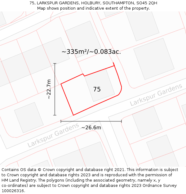 75, LARKSPUR GARDENS, HOLBURY, SOUTHAMPTON, SO45 2QH: Plot and title map