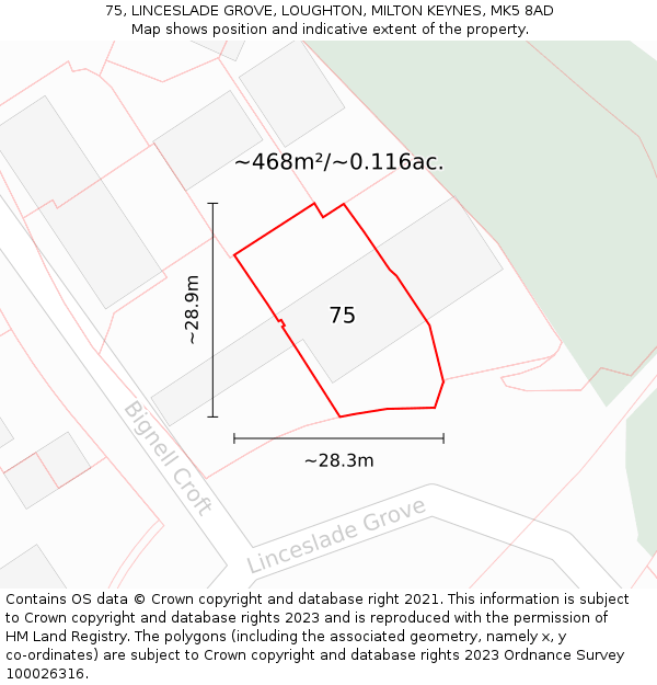 75, LINCESLADE GROVE, LOUGHTON, MILTON KEYNES, MK5 8AD: Plot and title map