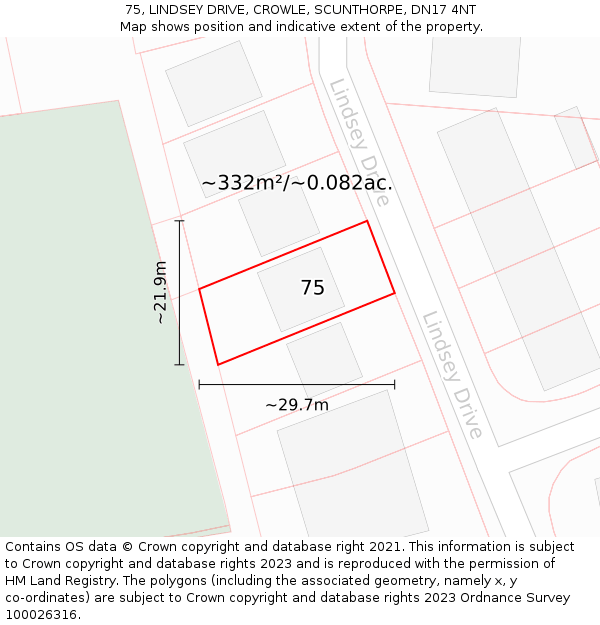 75, LINDSEY DRIVE, CROWLE, SCUNTHORPE, DN17 4NT: Plot and title map