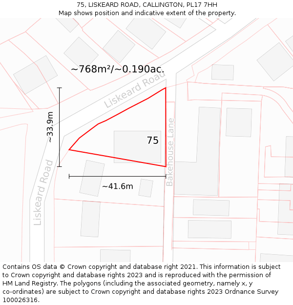 75, LISKEARD ROAD, CALLINGTON, PL17 7HH: Plot and title map