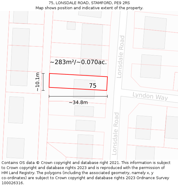 75, LONSDALE ROAD, STAMFORD, PE9 2RS: Plot and title map