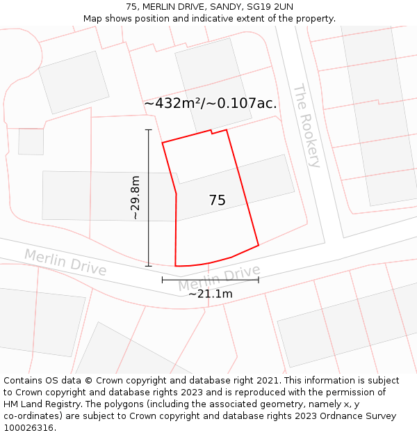 75, MERLIN DRIVE, SANDY, SG19 2UN: Plot and title map