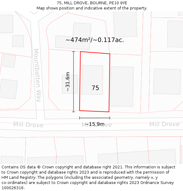 75, MILL DROVE, BOURNE, PE10 9YE: Plot and title map