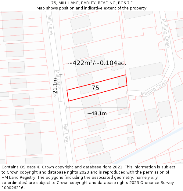 75, MILL LANE, EARLEY, READING, RG6 7JF: Plot and title map