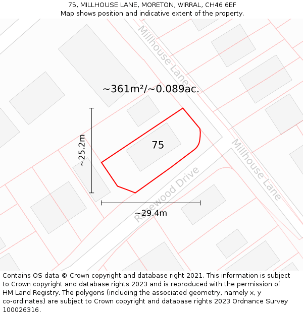 75, MILLHOUSE LANE, MORETON, WIRRAL, CH46 6EF: Plot and title map