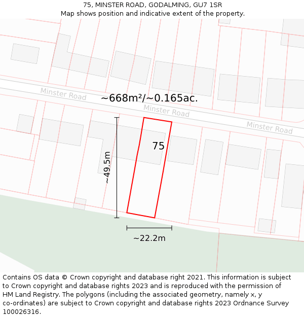 75, MINSTER ROAD, GODALMING, GU7 1SR: Plot and title map