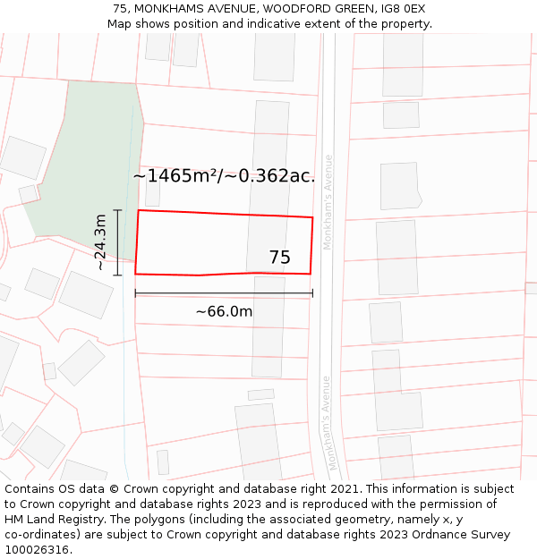 75, MONKHAMS AVENUE, WOODFORD GREEN, IG8 0EX: Plot and title map