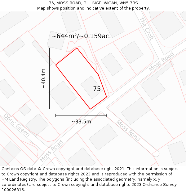 75, MOSS ROAD, BILLINGE, WIGAN, WN5 7BS: Plot and title map