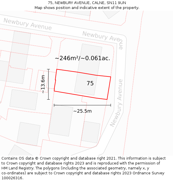 75, NEWBURY AVENUE, CALNE, SN11 9UN: Plot and title map